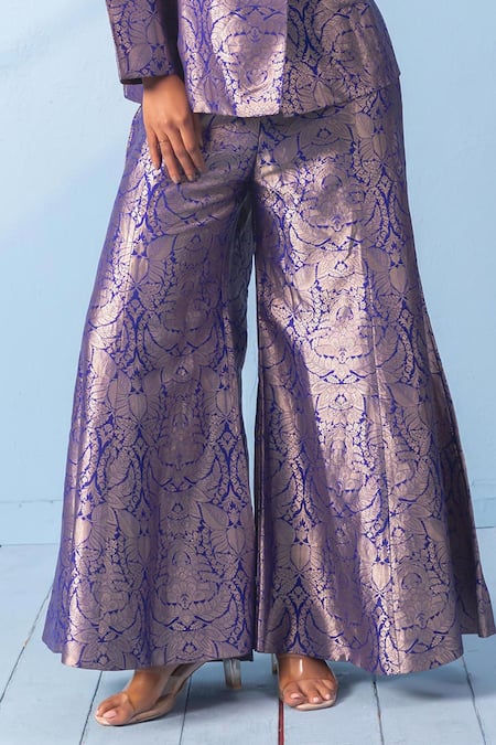 Shop_Vishwa By Pinki Sinha_Blue Silk Zari Brocade Blazer And Gharara Pant Set _Online_at_Aza_Fashions