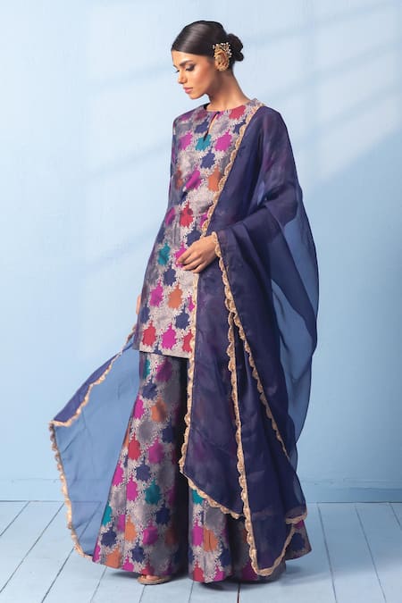 Vishwa By Pinki Sinha_Multi Color Silk, Organza Zari, Gota Rangkaat Banarsi Woven Kurta Sharara Set _Online_at_Aza_Fashions