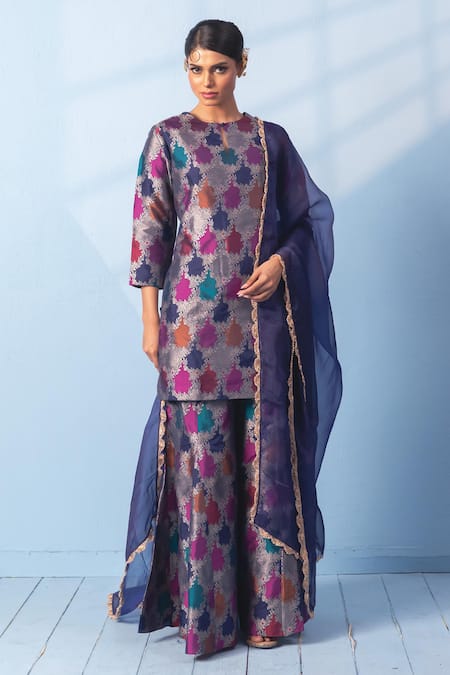 Buy_Vishwa By Pinki Sinha_Multi Color Silk, Organza Zari, Gota Rangkaat Banarsi Woven Kurta Sharara Set _Online_at_Aza_Fashions