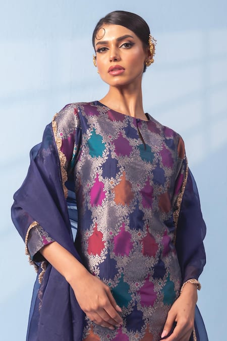 Shop_Vishwa By Pinki Sinha_Multi Color Silk, Organza Zari, Gota Rangkaat Banarsi Woven Kurta Sharara Set _Online_at_Aza_Fashions