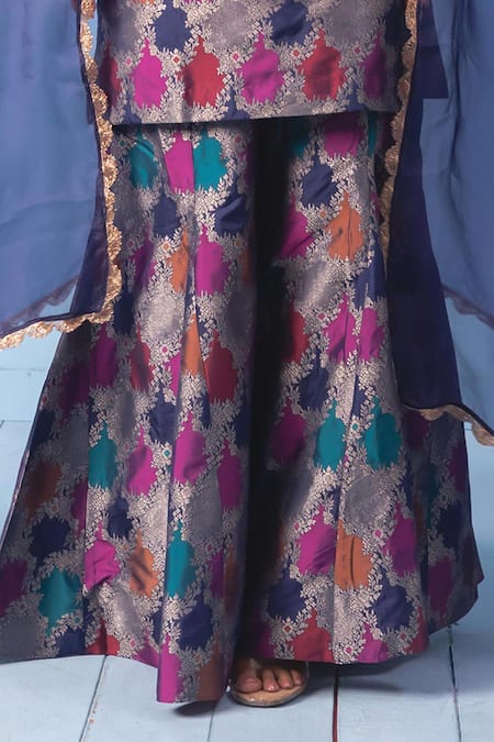 Vishwa By Pinki Sinha_Multi Color Silk, Organza Zari, Gota Rangkaat Banarsi Woven Kurta Sharara Set _at_Aza_Fashions
