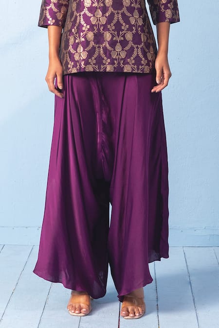 Buy Vishwa By Pinki Sinha Purple Silk Zari Split V-neck Banarsi Woven Kurta And Draped Pant Set Online at Aza Fashions Buy_Vishwa By Pinki Sinha_Purple Silk Zari Split V-neck Banarsi Woven Kurta And Draped Pant Set _Online_at_Aza_Fashions