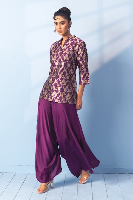 Shop Vishwa By Pinki Sinha Purple Silk Zari Split V-neck Banarsi Woven Kurta And Draped Pant Set Online at Aza Fashions Shop_Vishwa By Pinki Sinha_Purple Silk Zari Split V-neck Banarsi Woven Kurta And Draped Pant Set _Online_at_Aza_Fashions