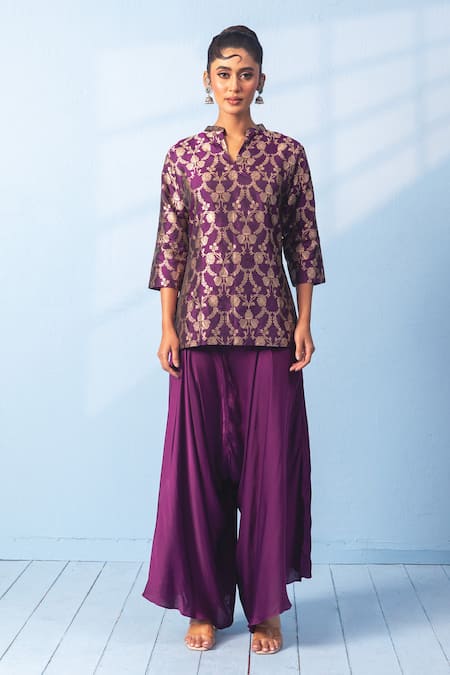 Vishwa By Pinki Sinha Purple Brocade Zari Split V-neck Banarsi Woven Kurta And Draped Pant Set 