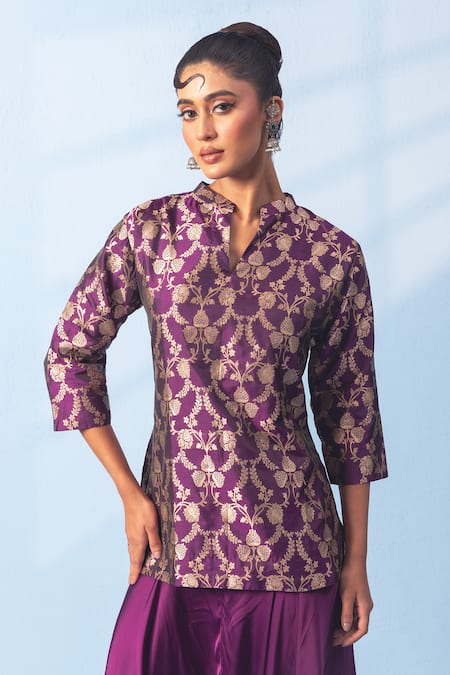 Buy Vishwa By Pinki Sinha Purple Silk Zari Split V-neck Banarsi Woven Kurta And Draped Pant Set Buy_Vishwa By Pinki Sinha_Purple Silk Zari Split V-neck Banarsi Woven Kurta And Draped Pant Set