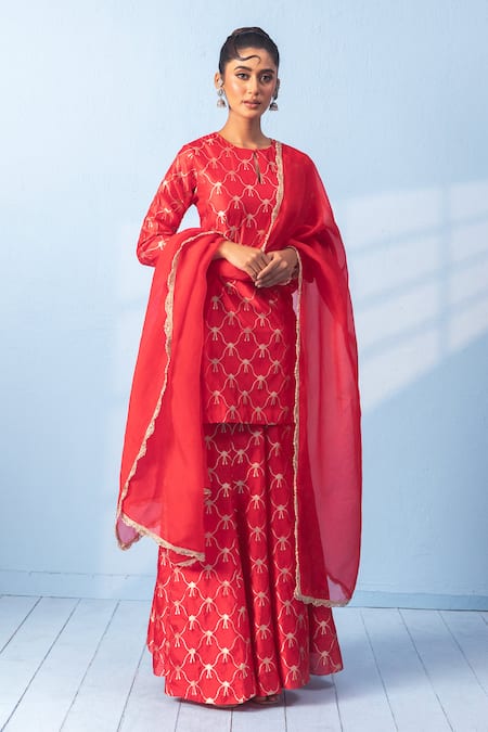 Vishwa By Pinki Sinha Red Silk Zari, Gota Patti Keyhole Neck Banarsi Woven Kurta Sharara Dupatta Set 
