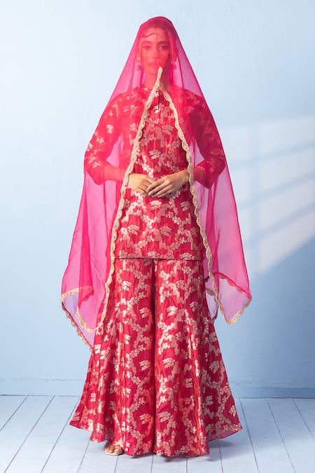 Shop_Vishwa By Pinki Sinha_Red Silk, Organza Zari Mandarin Collar Banarsi Woven Kurta And Sharara Set _Online_at_Aza_Fashions