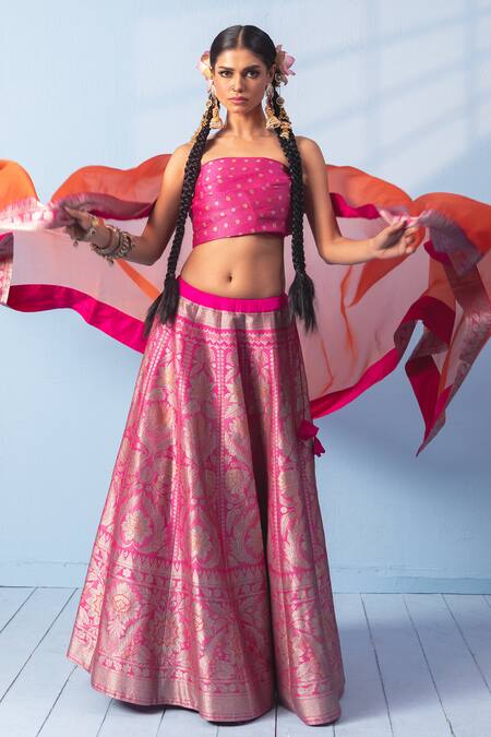 Vishwa By Pinki Sinha_Pink Silk, Organza Zari, Embroidery Meenakari Banarsi Lehenga And Dupatta Set _Online_at_Aza_Fashions