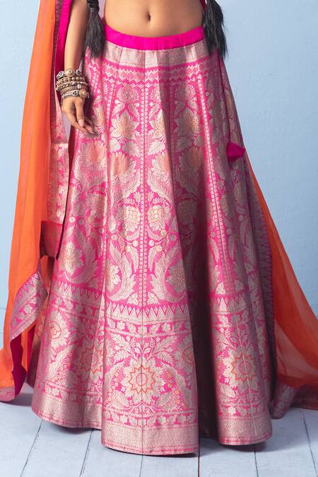 Buy_Vishwa By Pinki Sinha_Pink Silk, Organza Zari, Embroidery Meenakari Banarsi Lehenga And Dupatta Set _Online_at_Aza_Fashions