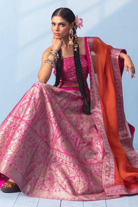 Vishwa By Pinki Sinha_Pink Silk, Organza Zari, Embroidery Meenakari Banarsi Lehenga And Dupatta Set _at_Aza_Fashions