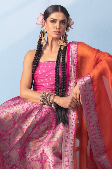 Buy_Vishwa By Pinki Sinha_Pink Silk, Organza Zari, Embroidery Meenakari Banarsi Lehenga And Dupatta Set 