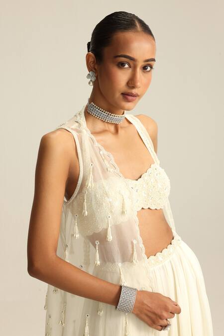 Buy Vvani By Vani Vats Off White Georgette, Organza Mirrors, Pearls, Tassels, And Work Jacket Skirt Set Buy_Vvani By Vani Vats_Off White Georgette, Organza Mirrors, Pearls, Tassels, And Work Jacket Skirt Set