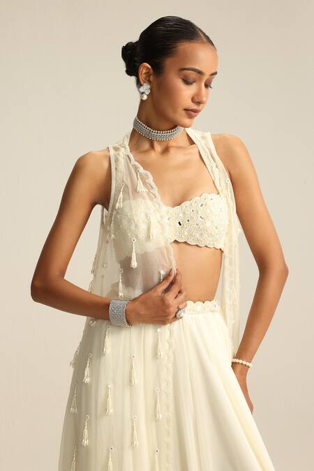 Shop Vvani By Vani Vats Off White Georgette, Organza Mirrors, Pearls, Tassels, And Work Jacket Skirt Set Shop_Vvani By Vani Vats_Off White Georgette, Organza Mirrors, Pearls, Tassels, And Work Jacket Skirt Set