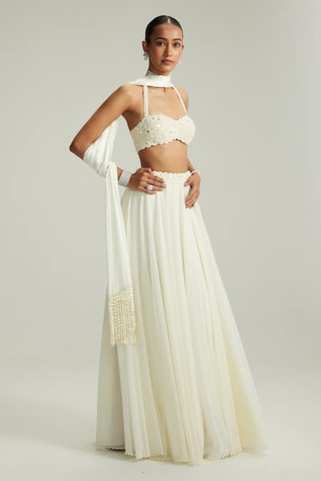 Vvani By Vani Vats_Off White Georgette Mirrors, Pearls, Embroidery Flared Skirt Set With Blouse _Online_at_Aza_Fashions