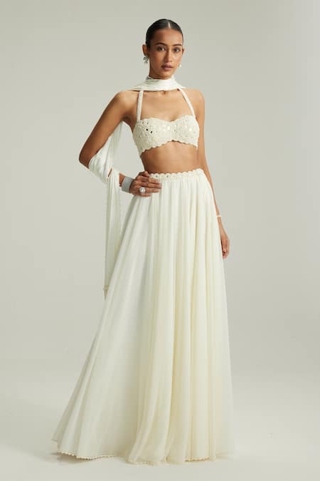 Buy_Vvani By Vani Vats_Off White Georgette Mirrors, Pearls, Embroidery Flared Skirt Set With Blouse _Online_at_Aza_Fashions
