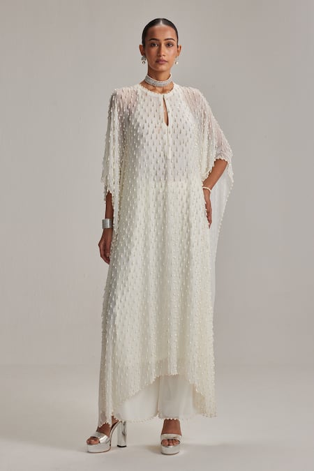 Vvani By Vani Vats Off White Pearl Drop Kaftan Set 