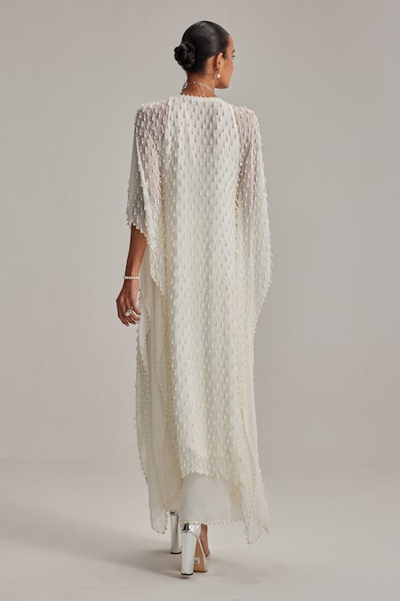 Vvani By Vani Vats Off White Pearl Drop Kaftan Set 