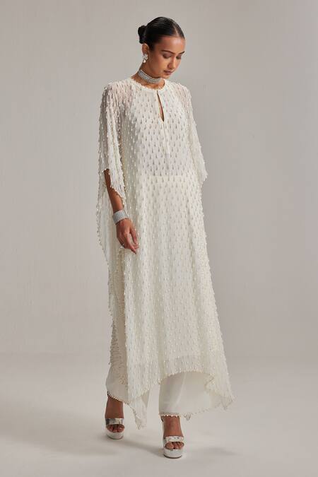 Vvani By Vani Vats_Off White Georgette Mirrors, Pearls Keyhole Neck Drop Kaftan Set _Online_at_Aza_Fashions