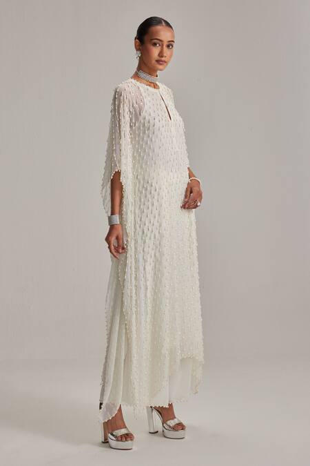 Buy_Vvani By Vani Vats_Off White Georgette Mirrors, Pearls Keyhole Neck Drop Kaftan Set _Online_at_Aza_Fashions