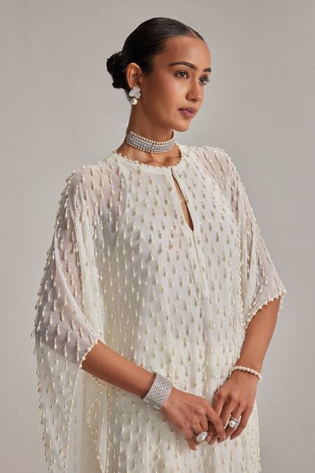 Shop_Vvani By Vani Vats_Off White Georgette Mirrors, Pearls Keyhole Neck Drop Kaftan Set _Online_at_Aza_Fashions