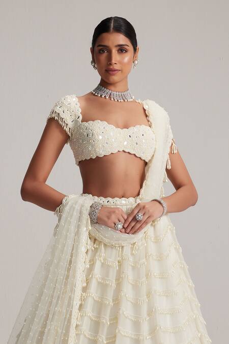 Vvani By Vani Vats_Off White Organza, Georgette, Net Mirrors, Pearls, And Drop Bridal Lehenga Set _Online_at_Aza_Fashions