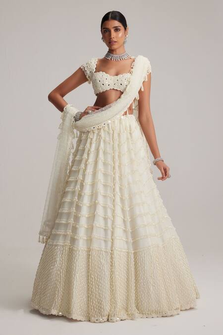 Shop_Vvani By Vani Vats_Off White Organza, Georgette, Net Mirrors, Pearls, And Drop Bridal Lehenga Set _Online_at_Aza_Fashions