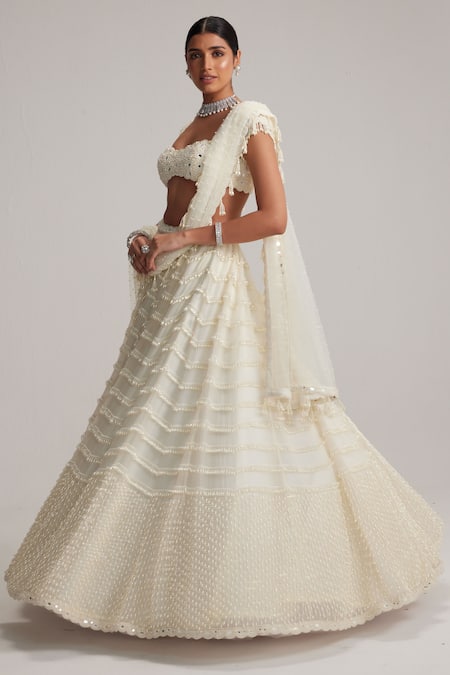 Vvani By Vani Vats_Off White Organza, Georgette, Net Mirrors, Pearls, And Drop Bridal Lehenga Set _at_Aza_Fashions