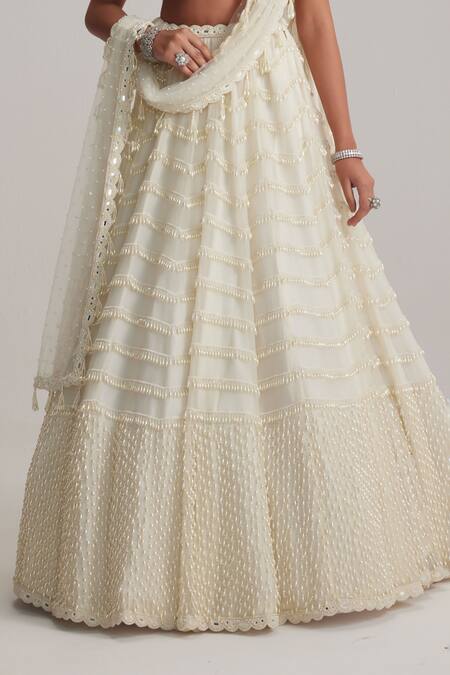Buy_Vvani By Vani Vats_Off White Organza, Georgette, Net Mirrors, Pearls, And Drop Bridal Lehenga Set 