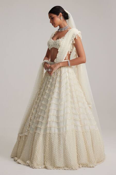 Buy_Vvani By Vani Vats_Off White Organza, Georgette, Net Mirrors, And Drop Bridal Lehenga Set With Veil _Online_at_Aza_Fashions