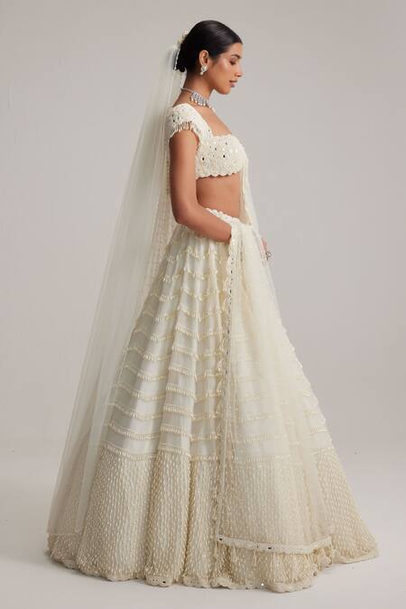 Shop_Vvani By Vani Vats_Off White Organza, Georgette, Net Mirrors, And Drop Bridal Lehenga Set With Veil _Online_at_Aza_Fashions