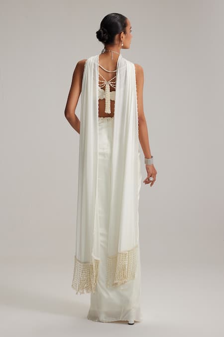 Vvani By Vani Vats Off White Satin Draped Skirt Set 