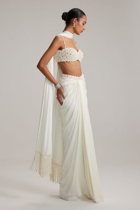 Buy_Vvani By Vani Vats_Off White Georgette, Satin Mirrors, Pearls, Embroidery Draped Skirt Set _Online_at_Aza_Fashions