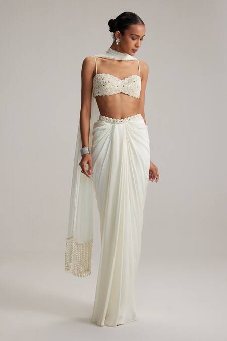 Shop_Vvani By Vani Vats_Off White Georgette, Satin Mirrors, Pearls, Embroidery Draped Skirt Set _Online_at_Aza_Fashions