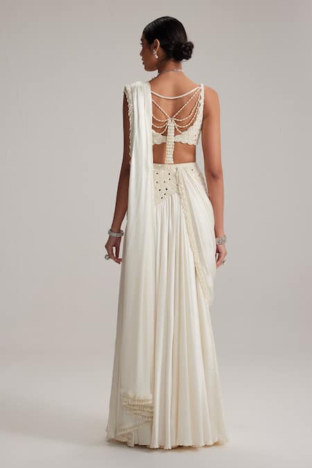 Vvani By Vani Vats Pearl & Mirror Embroidered Draped Saree Set 