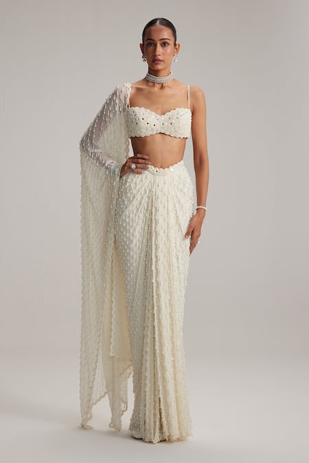 Vvani By Vani Vats Off White Georgette Mirrors, Pearls, Embroidery, Dense Drop Draped Skirt Set Online at Aza Fashions Vvani By Vani Vats_Off White Georgette Mirrors, Pearls, Embroidery, Dense Drop Draped Skirt Set _Online_at_Aza_Fashions