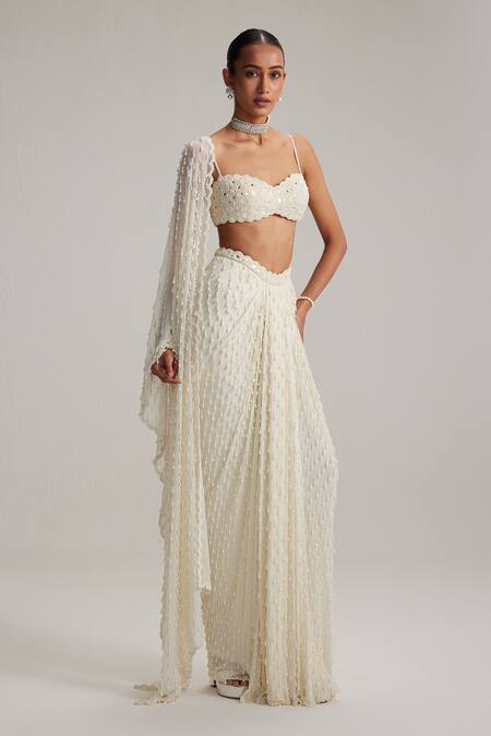 Buy Vvani By Vani Vats Off White Georgette Mirrors, Pearls, Embroidery, Dense Drop Draped Skirt Set Online at Aza Fashions Buy_Vvani By Vani Vats_Off White Georgette Mirrors, Pearls, Embroidery, Dense Drop Draped Skirt Set _Online_at_Aza_Fashions