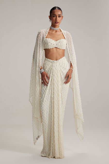 Vvani By Vani Vats Pearl White Dense Drop Draped Skirt set 