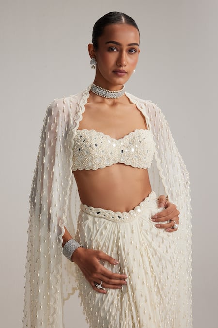 Shop Vvani By Vani Vats Off White Georgette Mirrors, Pearls, Embroidery, Dense Drop Draped Skirt Set Online at Aza Fashions Shop_Vvani By Vani Vats_Off White Georgette Mirrors, Pearls, Embroidery, Dense Drop Draped Skirt Set _Online_at_Aza_Fashions