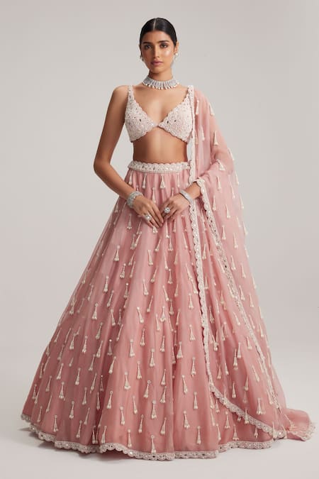 Vvani By Vani Vats Dusty Rose Long Pearl Tassels Lehenga Set 