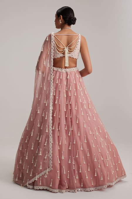 Vvani By Vani Vats Dusty Rose Long Pearl Tassels Lehenga Set 