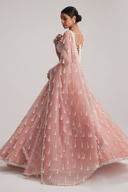 Buy_Vvani By Vani Vats_Pink Organza, Georgette Mirrors, Pearls, Tassels, Dusty Rose Long Lehenga Set _Online_at_Aza_Fashions