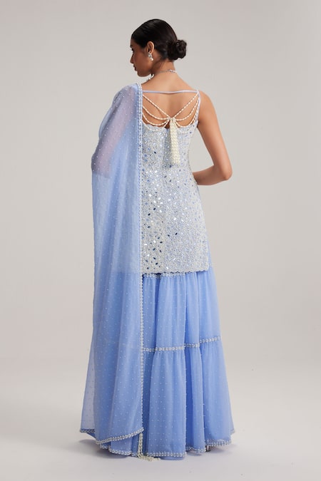 Vvani By Vani Vats Dew Blue Embroidered Kurta Sharara Set 