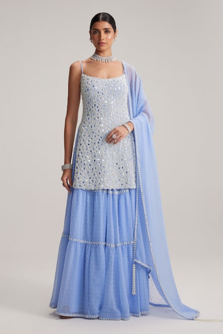 Vvani By Vani Vats Dew Blue Embroidered Kurta Sharara Set 