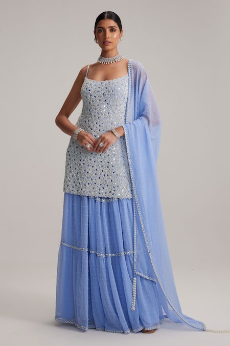 Vvani By Vani Vats Blue Net, Georgette Mirrors, Pearls, Embroidery Scoop Dew Kurta Sharara Set Online at Aza Fashions Vvani By Vani Vats_Blue Net, Georgette Mirrors, Pearls, Embroidery Scoop Dew Kurta Sharara Set _Online_at_Aza_Fashions