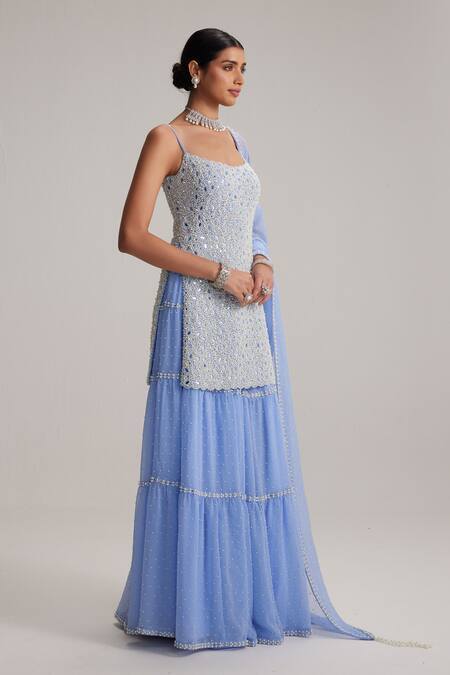 Buy Vvani By Vani Vats Blue Net, Georgette Mirrors, Pearls, Embroidery Scoop Dew Kurta Sharara Set Online at Aza Fashions Buy_Vvani By Vani Vats_Blue Net, Georgette Mirrors, Pearls, Embroidery Scoop Dew Kurta Sharara Set _Online_at_Aza_Fashions