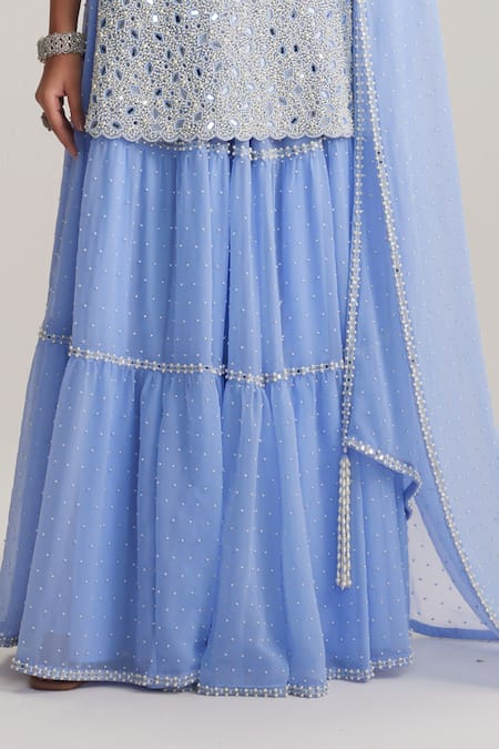 Shop Vvani By Vani Vats Blue Net, Georgette Mirrors, Pearls, Embroidery Scoop Dew Kurta Sharara Set Online at Aza Fashions Shop_Vvani By Vani Vats_Blue Net, Georgette Mirrors, Pearls, Embroidery Scoop Dew Kurta Sharara Set _Online_at_Aza_Fashions