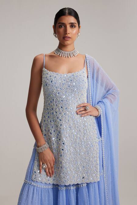 Vvani By Vani Vats Blue Net, Georgette Mirrors, Pearls, Embroidery Scoop Dew Kurta Sharara Set at Aza Fashions Vvani By Vani Vats_Blue Net, Georgette Mirrors, Pearls, Embroidery Scoop Dew Kurta Sharara Set _at_Aza_Fashions