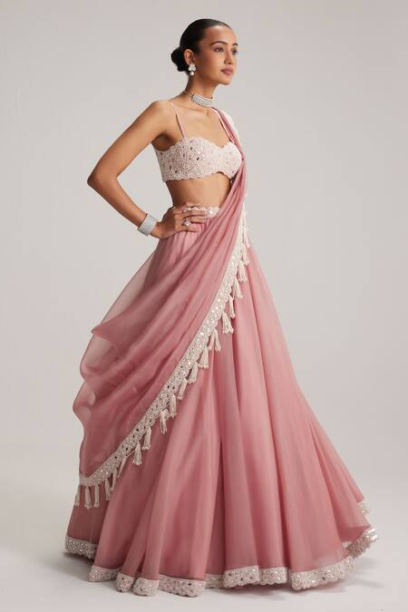 Vvani By Vani Vats Pink Organza, Georgette Mirrors, Pearls, Embroidery, Tassels And Work Lehenga Set Online at Aza Fashions Vvani By Vani Vats_Pink Organza, Georgette Mirrors, Pearls, Embroidery, Tassels And Work Lehenga Set _Online_at_Aza_Fashions