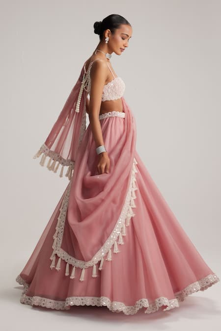 Buy Vvani By Vani Vats Pink Organza, Georgette Mirrors, Pearls, Embroidery, Tassels And Work Lehenga Set Online at Aza Fashions Buy_Vvani By Vani Vats_Pink Organza, Georgette Mirrors, Pearls, Embroidery, Tassels And Work Lehenga Set _Online_at_Aza_Fashions