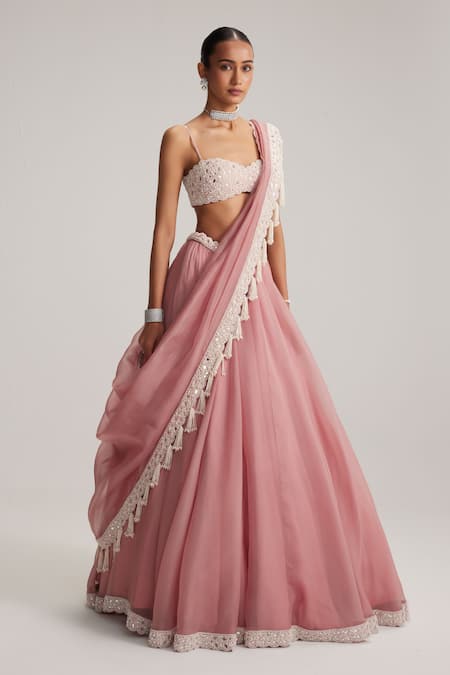 Shop Vvani By Vani Vats Pink Organza, Georgette Mirrors, Pearls, Embroidery, Tassels And Work Lehenga Set at Aza Fashions Shop_Vvani By Vani Vats_Pink Organza, Georgette Mirrors, Pearls, Embroidery, Tassels And Work Lehenga Set _at_Aza_Fashions